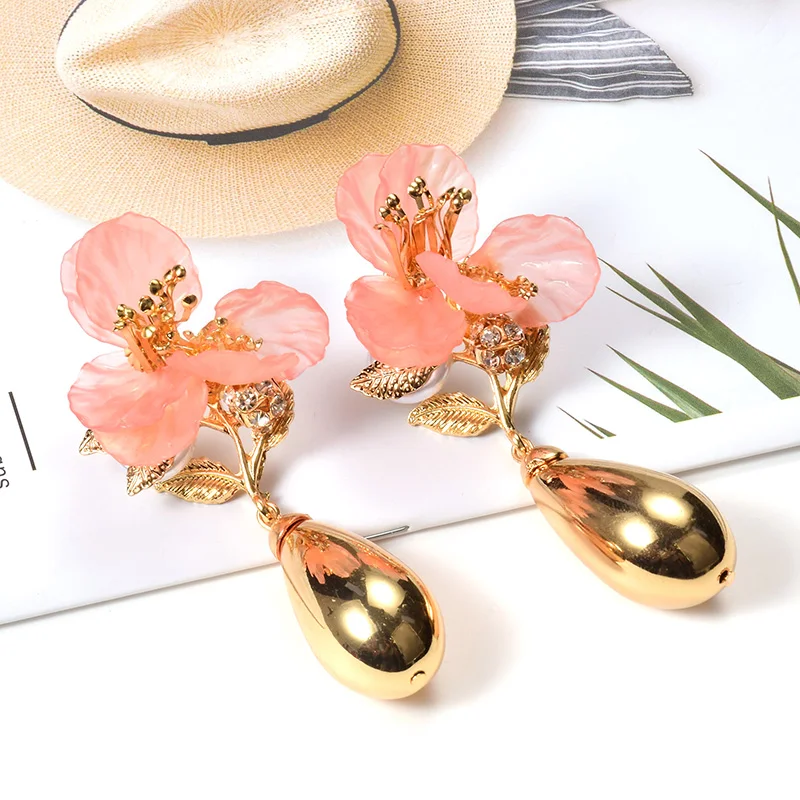 

ZA New Earrings Drop Jewelry High-Quality Pink petals On Dangle Gold Metal Earrings Exquisite Pendientes Accessories For Women