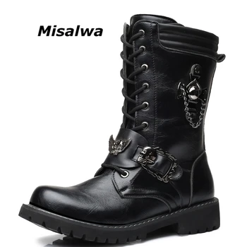 

Misalwa 4CM Heel Mid-Calf Punk Rock Shoes Winter Men Motorcycle Boots Metal Decoration Mens PU Leather High Top Casual Boot Men