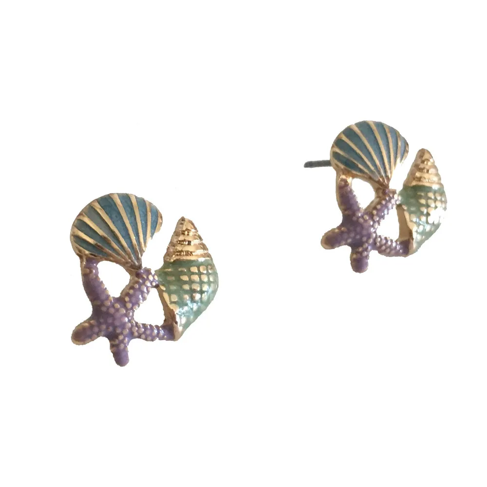 S/S NEW ARRIVAL HOT SUMMER LOVELY GOLD COLOR PLATING GREEN PURPLE BLUE SEA STAR SHELL SNAIL STUD EARRING FOR GIRL CUTE