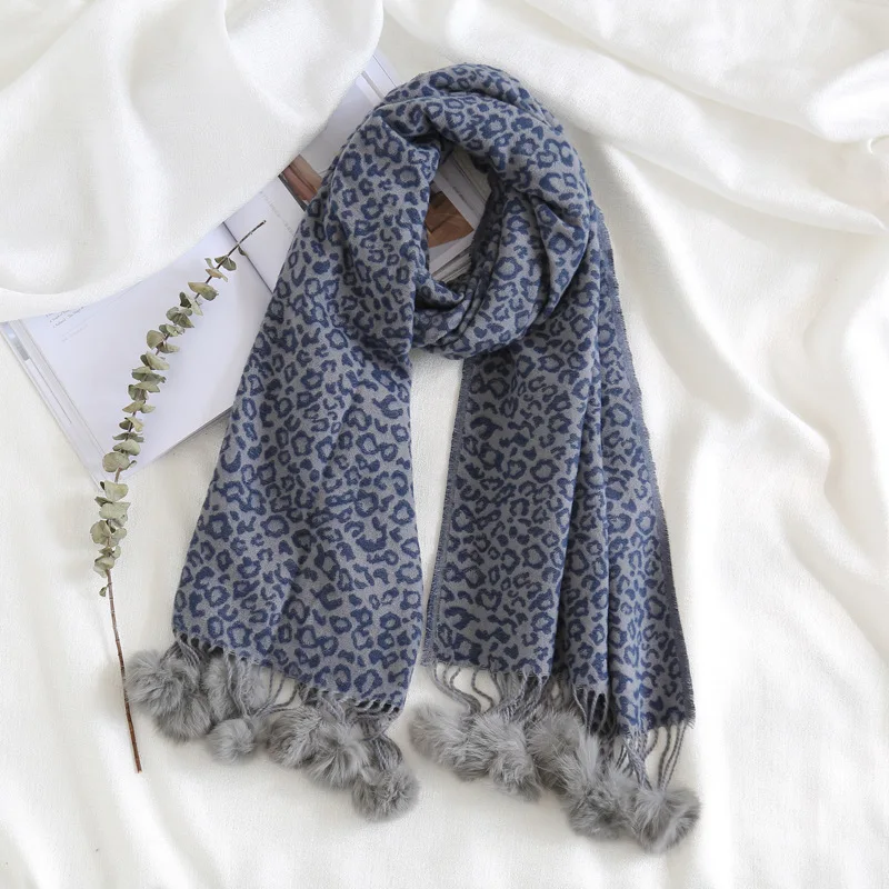 Кашемировый шарф с меховым помпоном из Ангорского Кролика, Леопардовый шарф, женские зимние аксессуары, роскошная шаль, шарф-Пашмина - Цвет: blue
