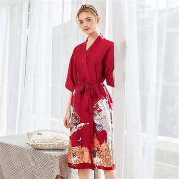 

Nightwear Tempting ladies spring and summer long bridesmaid bride dressing gown simple casual home service red халат домашний