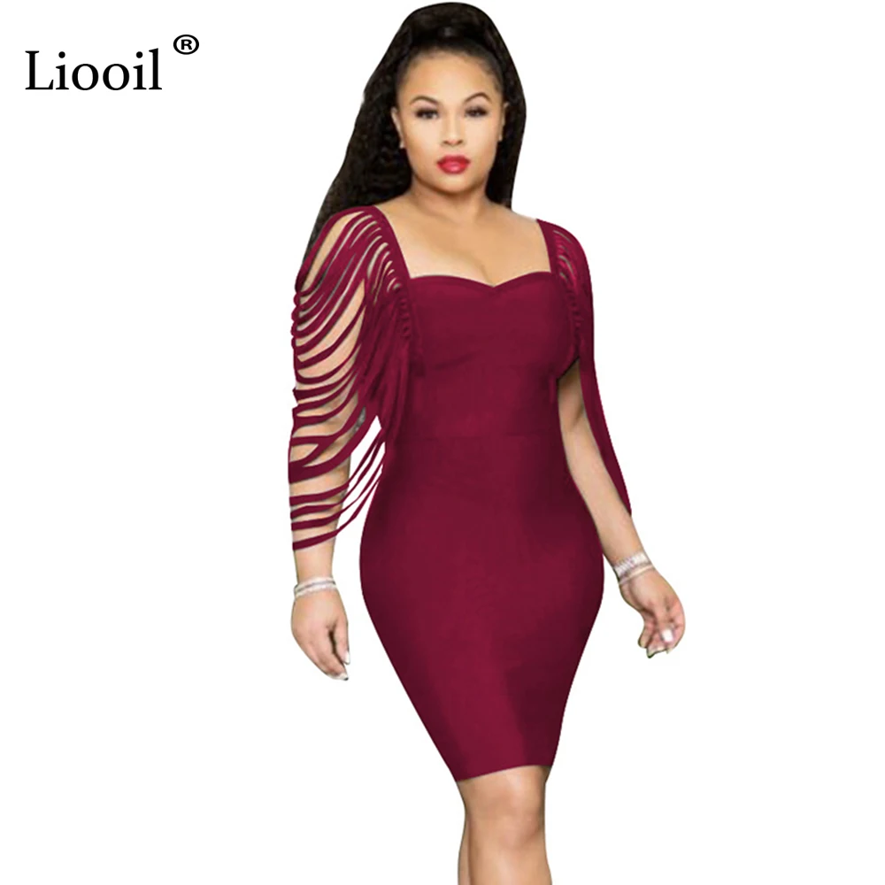 Liooil Tassel Sexy Bodycon Mini Dress Women Clothes Fall 2019 Strapless High Waist Black Night Club Party Tight Fitted Dresses