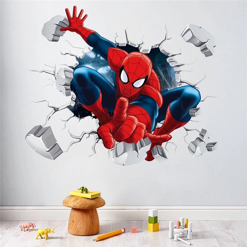 45*50cm hot 3d hole famous cartoon movie spiderman wall stickers for kids rooms boys gifts through wall decals home decor mural