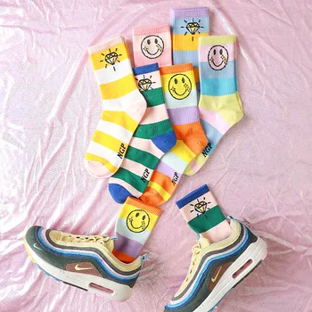 

Smiling Face Women Sock Cartoon Woman Socks Colorful Womans Crew Casual Cotton Sox Girl Autumn Trendy Rhinestone Print Skarpetki