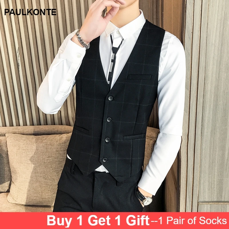 Men'S Fashion Trend Short V-Neck Single-Breasted Slim Suit Vest Party Casual Wedding High-Quality Plaid Vest Men'S Fashion Trend Short V-Neck Single-Breasted Slim Suit Vest Party Casual Wedding High-Quality Plaid Vest