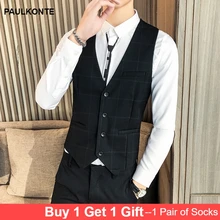 Men'S Fashion Trend Short V-Neck Single-Breasted Slim Suit Vest Party Casual Wedding High-Quality Plaid Vest