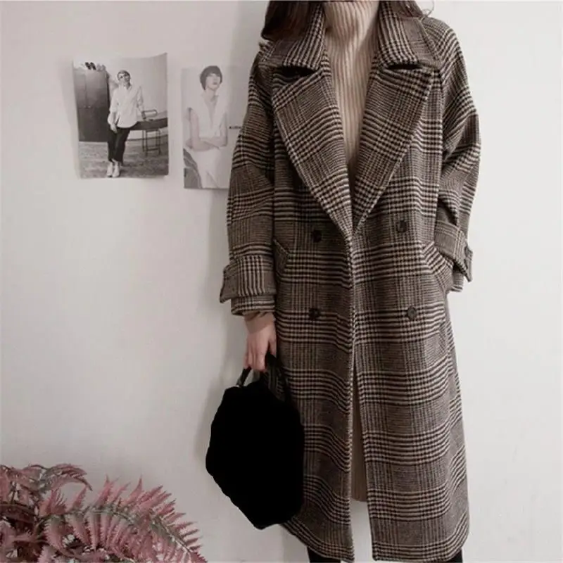 

Elegant Thick Plaid Coat Button Streetwear Turn-Down Collar Warm Woolen Overcoat Long Female Plus Size Coat