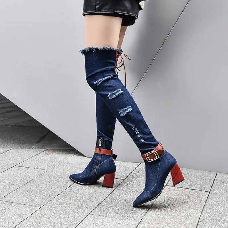 

Womens Pointed Toe Over The Knee Thigh Boots Denim Jeans Belt Buckle Block Chunky High Heel Lace Up Ripped Shoes Punk Motorcycle