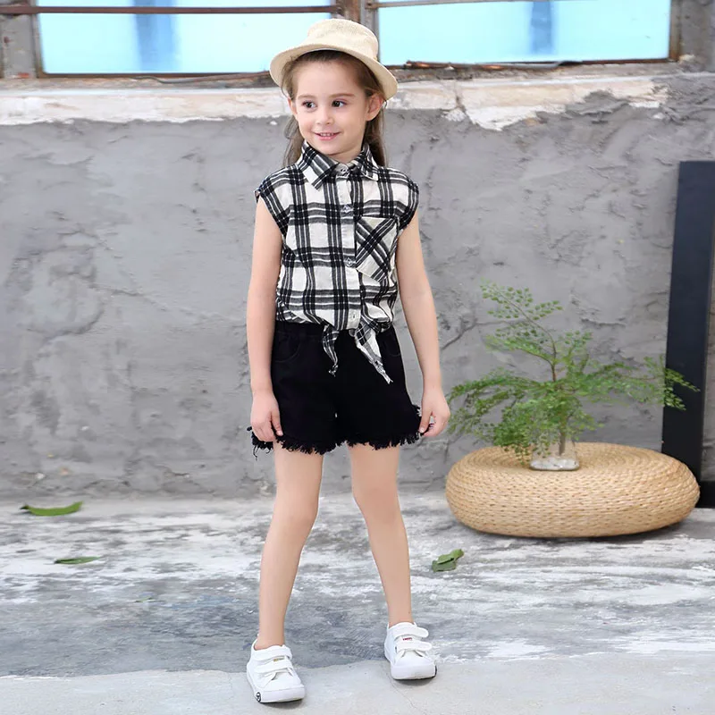 

Girls Clothes Set 2020 Spring Girls Suit Cotton Plaid Shirt+Shorts 2Pcs Children Clothing Casual Summer Kids Clothes 3-10 Years