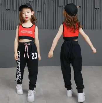 

New Kids Jazz Hiphop Dance Costumes For Girls Cotton Black Letter Crop Top And Pant Children Sport Suit Teen Girls Clothing 2020