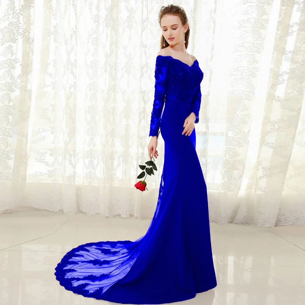 Синий Vestido de festa Longo русалка кружевной Топ Лиф тонкая линия Длинные подружки невесты платья быстрой доставки очаровательные свадебные вечерние платья Новые - Цвет: Синий