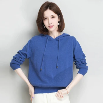 

Winter Autumn Wool Hooded Pullover Sweater Women Blue Black Camel Sheep Woolen And Rabbit Hair Knitted Jumper Pullover Knitwear