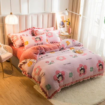 

3/4pcs Bedding Sets Flannel Winter Thick Warm Comforter For Girls room Princess Duvet Cover Bed Linen Throw Mechanical Was