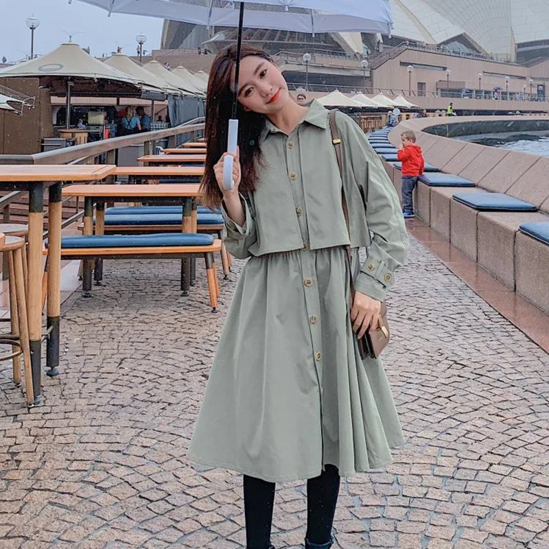 

Photo Shoot INS College Style Khaki Mid-length Slim Fit Elastic Waist Hugging Fold-down Collar Single Breasted Big Hemline Trenc