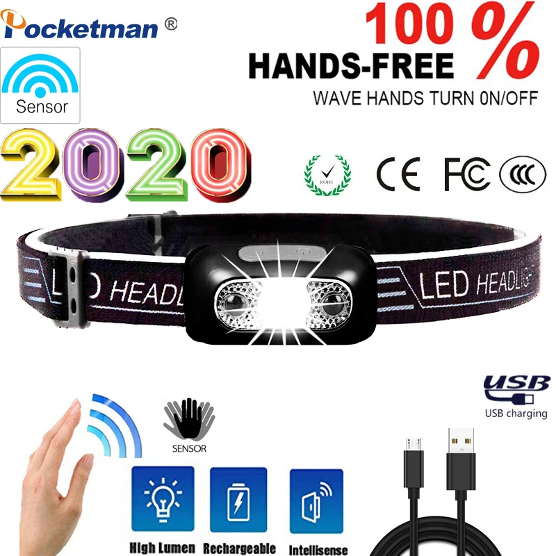 

6000Lm Mini Rechargeable LED Headlamp Outdoor camping Portable with Body Motion Sensor Headlight best for Camping, fishing Bike