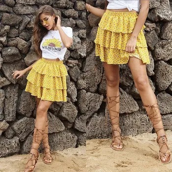 

Yellow Floral Print Skirt Women High Waist Frills Skirt for Women Broken Flower Half-length Skirt Printed Beach Mini Skirts