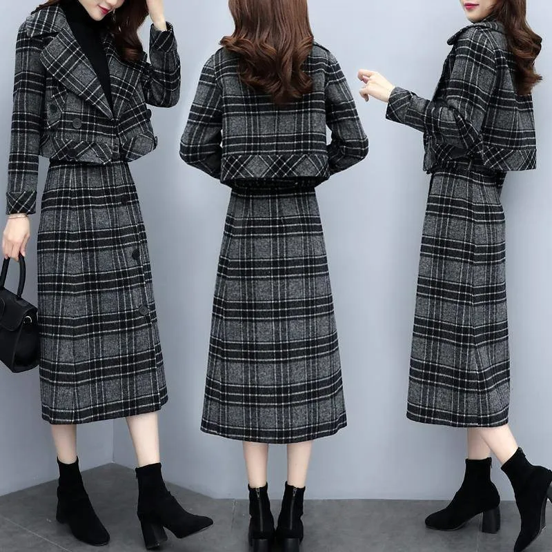 

Large Size Two Piece Set Top And Skirt Double Breasted Women Two Piece Outfits Plaid Korean Set Fashion Matching Sets Clothes