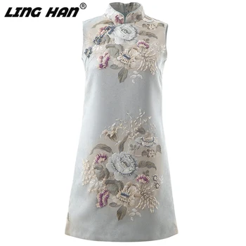 

LINGHAN Classic Style Crystal Jacquard Sleeveless Woman Dress Elegant Stand Collar Flower Print Mini Dresses Designer Autumn Ne