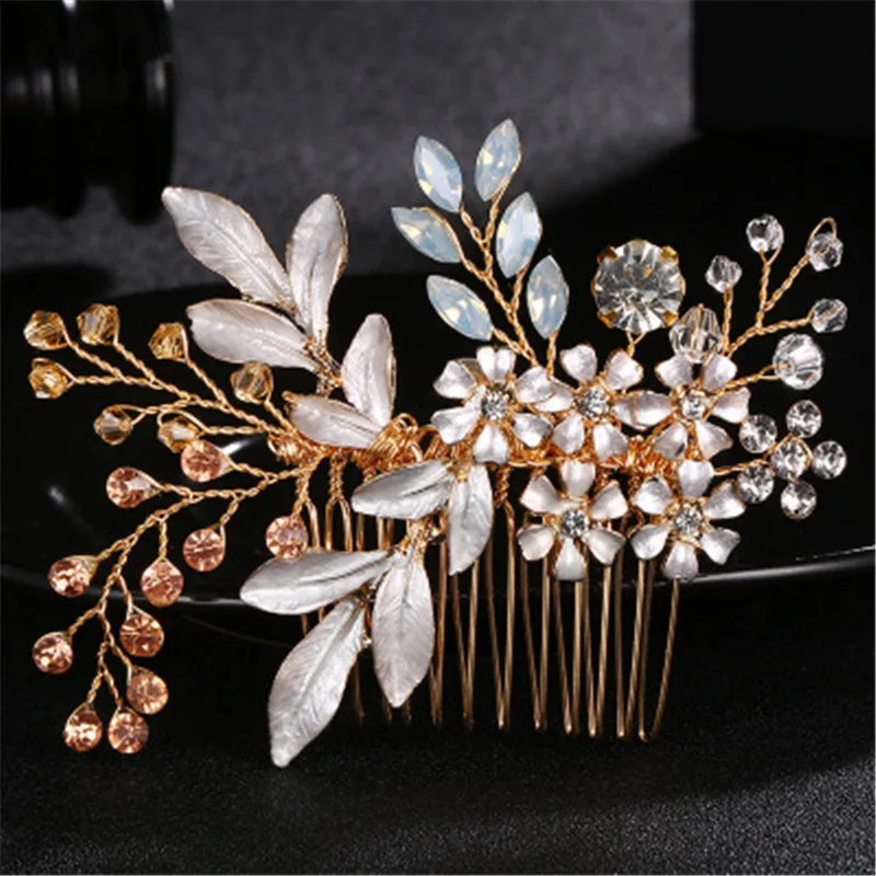 

FIAZIA Pink Ziron Bridal Hair Combs Wedding Jewelry Accessories Handmade Rhinestone Leaves Bride Hairdress Comb Charm Headpieces
