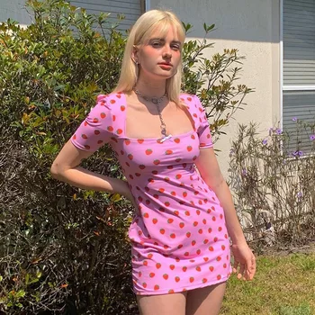 

2020 Summer New Style Fashion Floral Print Square Collar Short Sleeve Dress Women Sexy Pink Green Dresses