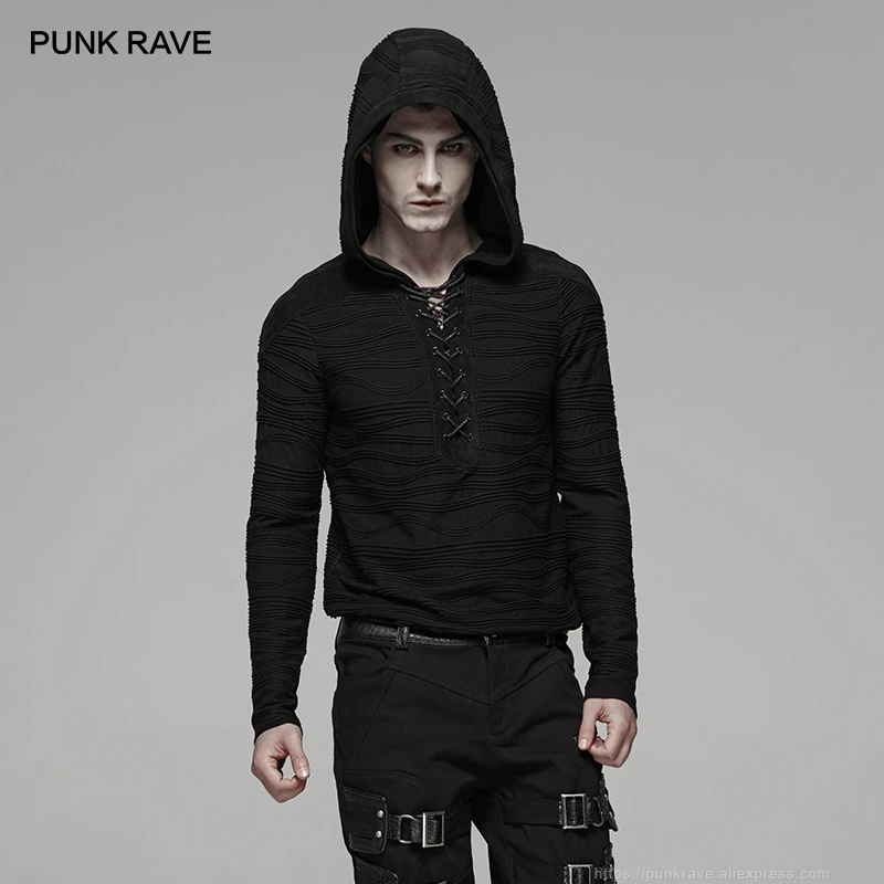 PUNK RAVE camisetas de larga irregulares tejidas a rayas hombre, sudaderas con capucha, Tops de Rock con personalidad, ropa calle para hombre|Camisetas| AliExpress