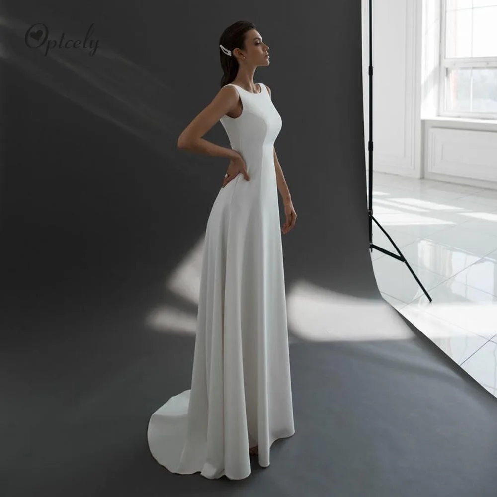 Optcely Simple White Scoop Neck Zipper A-Line Wedding Dresses Vintage Bohemian Backless Sleeveless Sweep Train Bridal Gowns