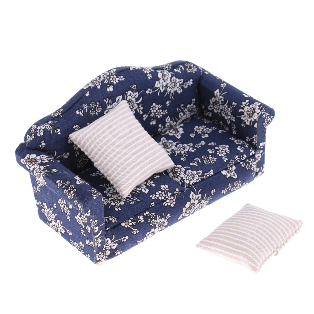 1/12 Dolls House Furniture Living Room Sofa Armchairs Cushions Pillows Blue