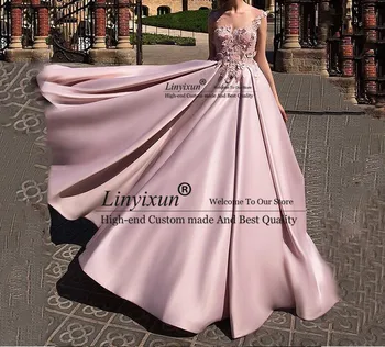 

Satin Ball Gown Prom Dress 2020 Robe de soiree applique Flower Pink Elegant Evening Dress Long Party Gown Gala Formal Dress