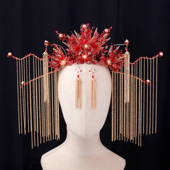 

High-End Luxury New Head Bridal red Chinese Style Atmosphere Phoenix Crown Hair Tassel Hairpin Antique brides hair Ornament