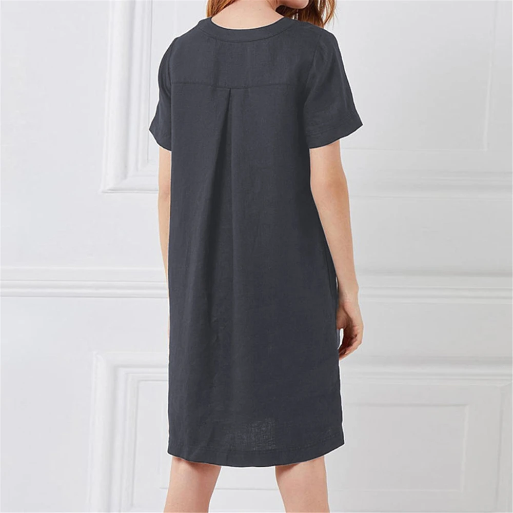 

Linen Dress Women Tunic Top Short Sleeve Shirt Button Female Vintage Casual Sundress Sarafans Vestidos 5XL Plus Size 2019