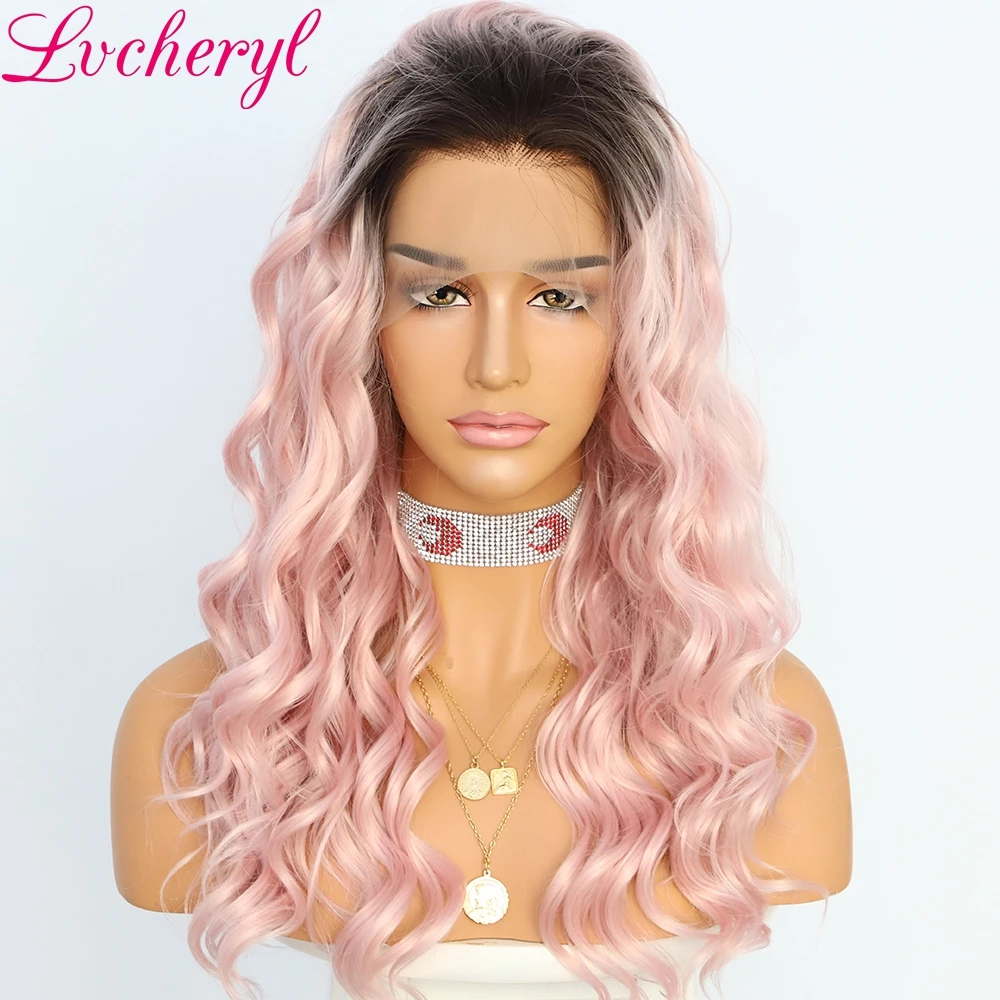 Lvcheryl 13X3 ручная вязка натуральные волнистые корни Омбре розовый цвет волосы парики синтетические волосы на фронте парики для женщин Повседневная одежда - Цвет: Pink