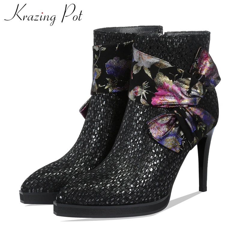 

krazing pot mixed colors bowtie print sheep leather pointed toe super high heels stiletto Zipper winter women ankle boots L51