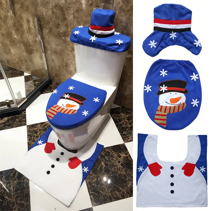Christmas Bathroom Products 3Pcs/Set Xmas Decoration Blue Snowman Toilet Seat Cover and Rug Bathroom New Year Home Decorations