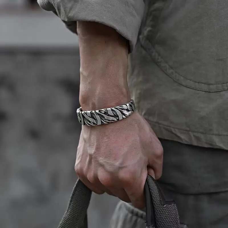 Retro Irregular Stone Textured Metal Bracelet for Men Cuff Bangle Personalized Casual Party Jewelry