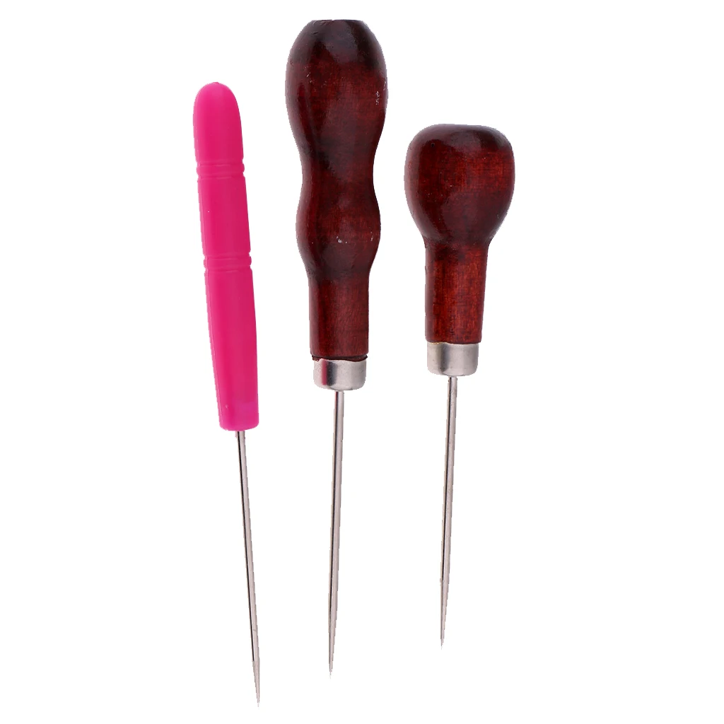 3 Pieces/Set Sewing Awl Professional Tools Wood/Plastic Handle Awl DIY Stitching