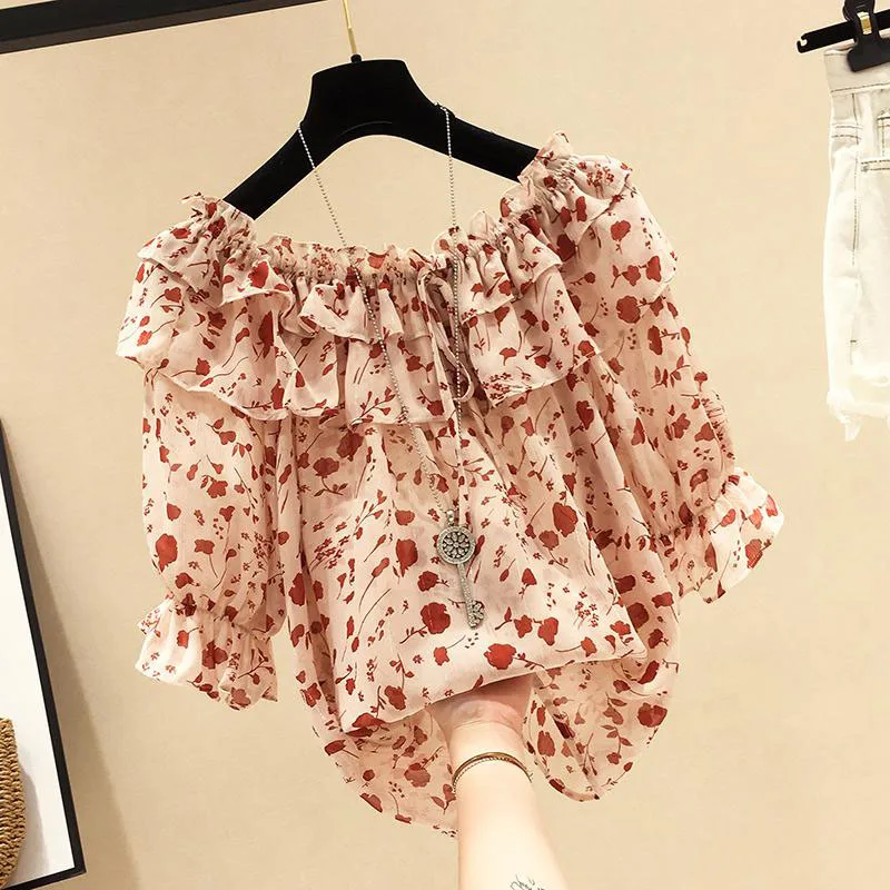 

Off Shoulder Women Summer Style Chiffon Blouses Shirts Lady Casual Slash Neck Flower Printed Blusas Tops DF2858