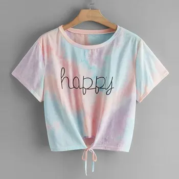 

Women Tie-dye t-shirts Happy Printed O-Neck short style t shirts Cut Out Crop Short Sleeve Short T-Shirt Top Bandage shirts*3