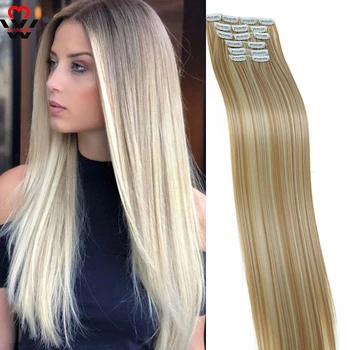 

MANWEI 16 clips Long Straight Synthetic Hair Extensions Clips in High Temperature Fiber Black Blonde Hairpiece
