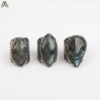 

Random Sales Trendy Men Paved Rhinestone Plated Gun Black Water Drop Druzy Geode Agates Open Adjustable Rings Jewelry YT-169AMAJ