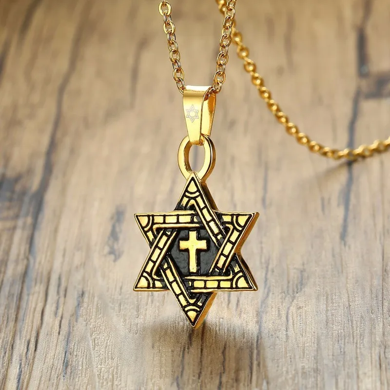 Messianic Звезда Давида с крестом кулон ожерелье для мужчин окисленный Золотой