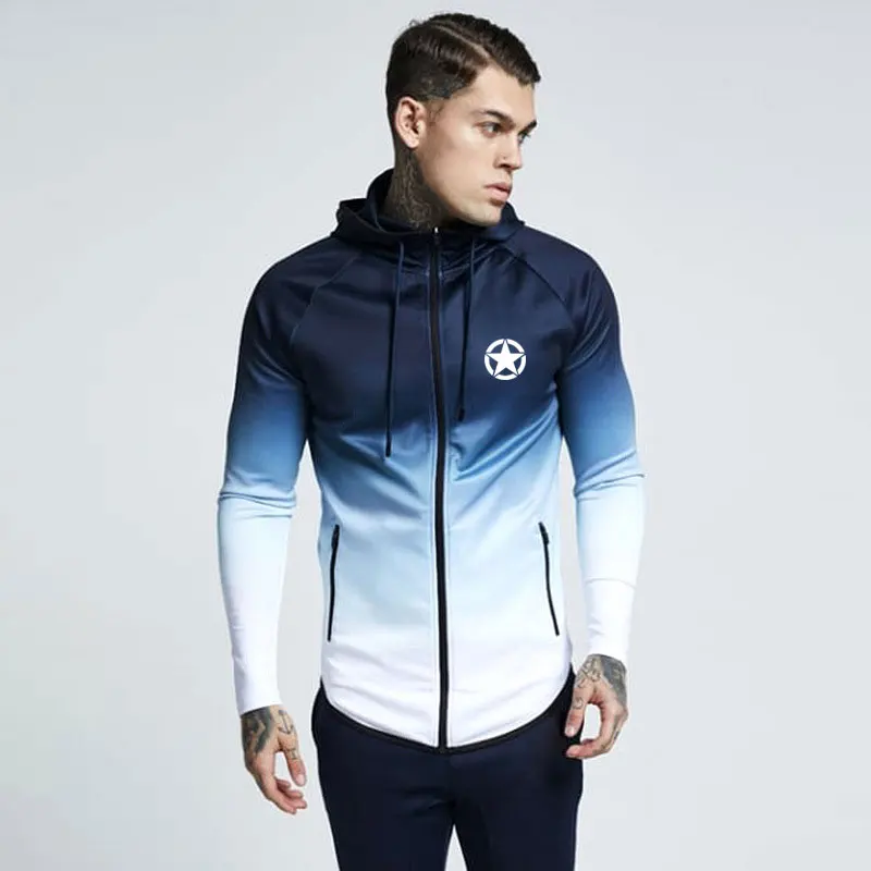 Осень зима мужские толстовки с капюшоном градиент Цвет кофты на молнии карманами