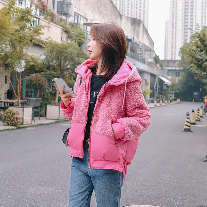 

2019 Autumn And Winter New Style Korean-style Short down Jacket Cotton-padded Clothes Women's Lambs Wool Joint Lettered Hooded C