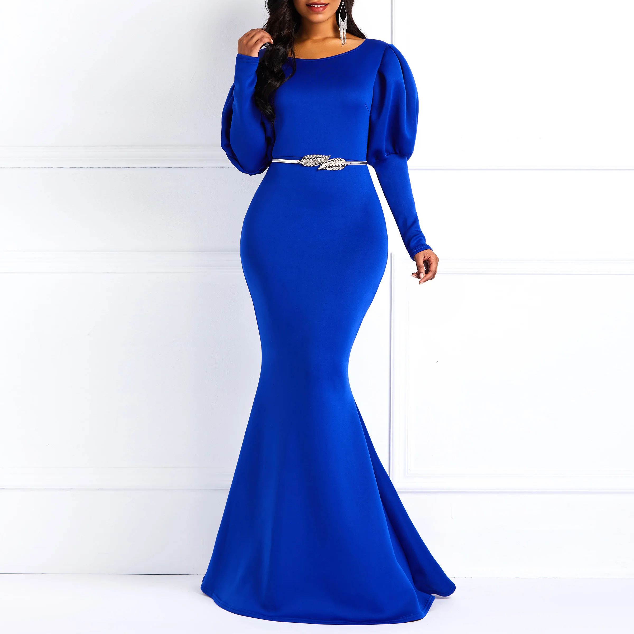 

Vintage Women Puff Long Sleeve Bodycon Party Dress Floor Length Elegant Blue Mermaid Lady Autumn Winter Maxi Evening Long Dress