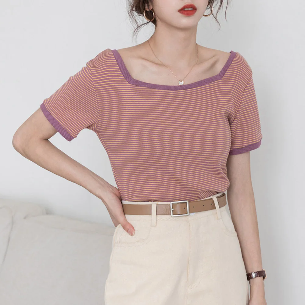 Summer Casual Slim Skiny T-Shirt Korean Japan Girls Short Sleeve Square Neck Tees Female Stripes T-shirt Basic Tops Kawaii | Женская