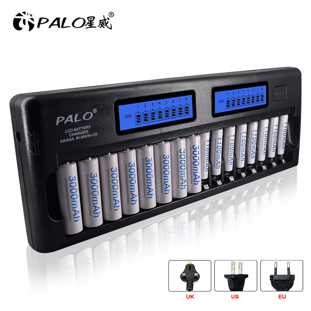 Palo 16 slots Fast Smart Charger LCD display Built-In IC Protection Intelligent Rapid Battery Charger for 1.2V AA AAA Ni-MH NiCd