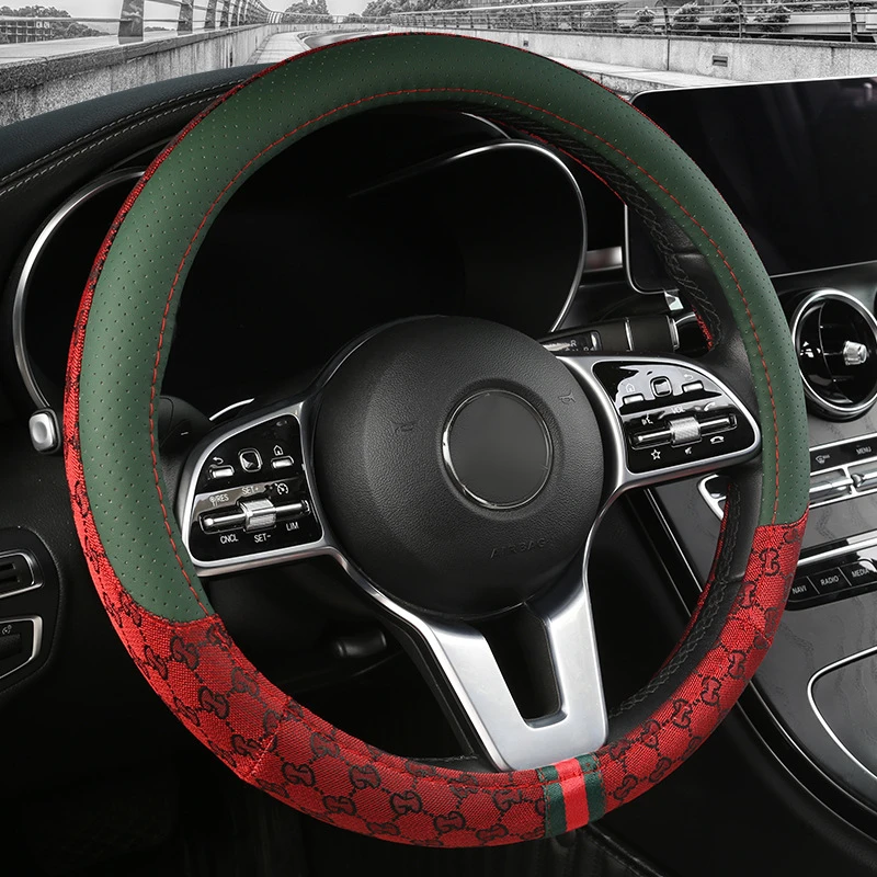 

Fashion Flax Leather Mix Car Steering Wheel Cover Universal 38cm Breathable Anti-Slip Auto Steering Wheel Protector Covers