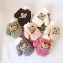 1 пара, плюшевая перчатка, детские перчатки для малышей, плотные, для мальчиков и девочек, одноцветные, Мультяшные, с веревкой, перчатки, полный палец, теплые, вязаные, варежки, перчатки