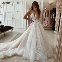 LORIE Sexy Lace Wedding Dresses Spaghetti Straps V-Neck Backless Boho Princess Bridal Gowns With Puffy Train A Line Bride Dress 1