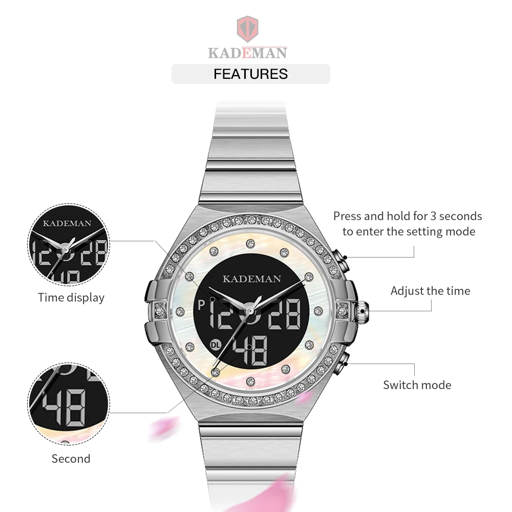 KADEMAN Casual Ladies Watches Luxury Design LCD Quartz Wristwatch TOP Brand Fashion Girls Business Women Clock relogios feminino