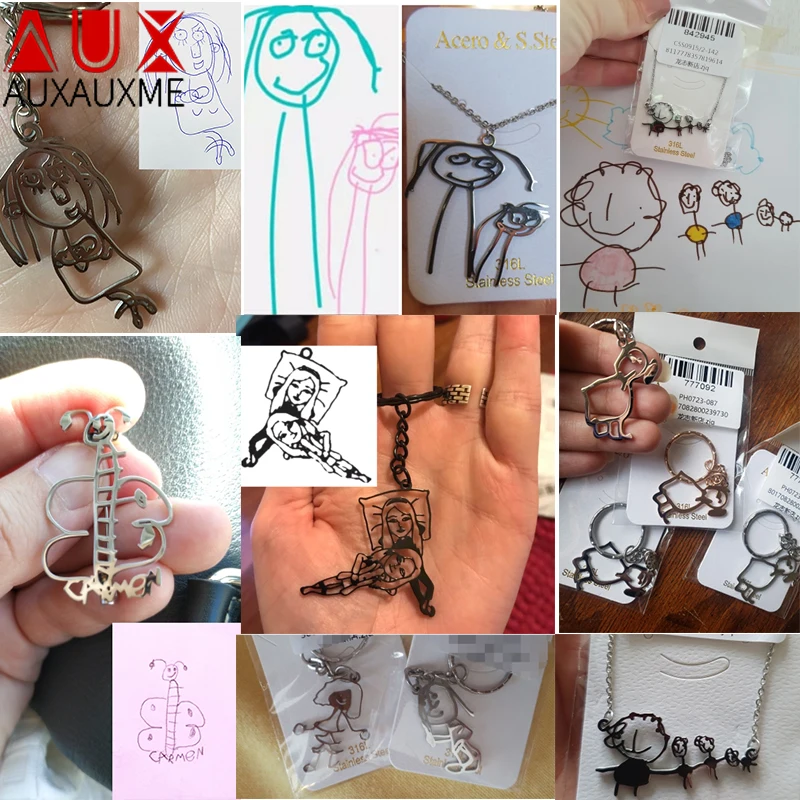 Auxauxme Custom Drawing Handwriting Necklace Stainless Steel Personlized Logol Drawing for Adults Childs School Company Jewelry